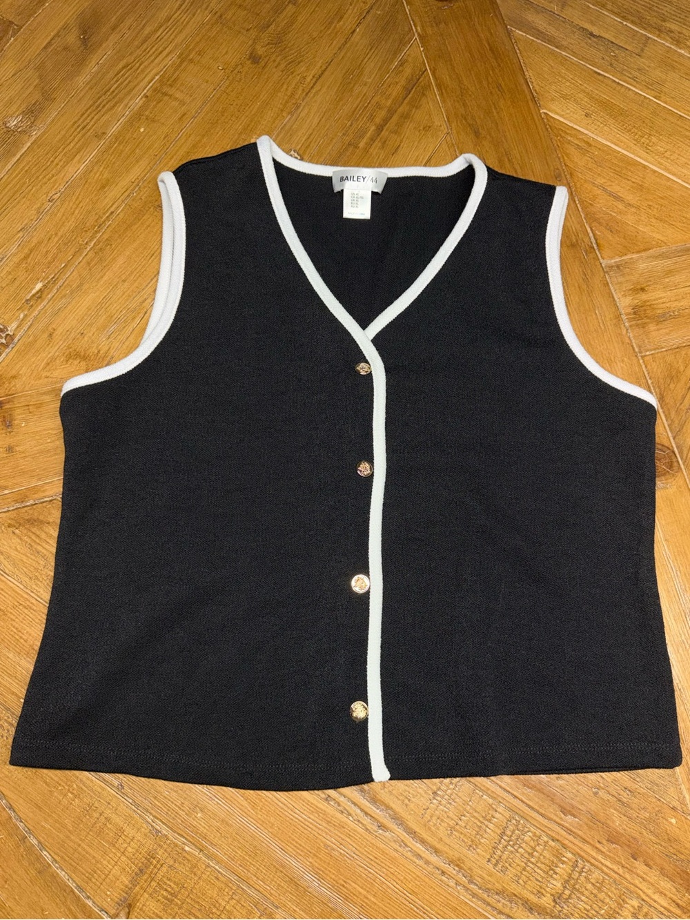 Bailey 44 Black Knit Button-Front Vest White Trim Gold Buttons - Size XL